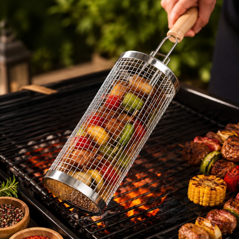 Outdoor Camping Kit - Round Barbecue Grill Basket Set Stainless